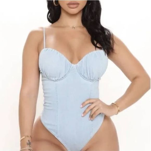No Brand Tops - Blashe Light Wash Denim Bodysuit